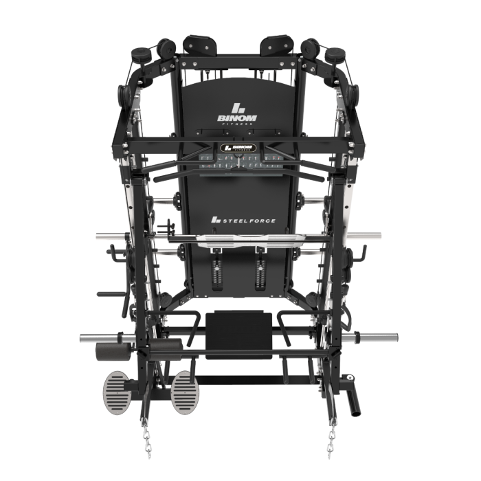 Binom Steel Force B12-V2 Multi-Gym, Movable Arms, Double Pulley (100 Kg x2), Power Rack, Leg Press, Multipower, Rowing Machine and Accessories 