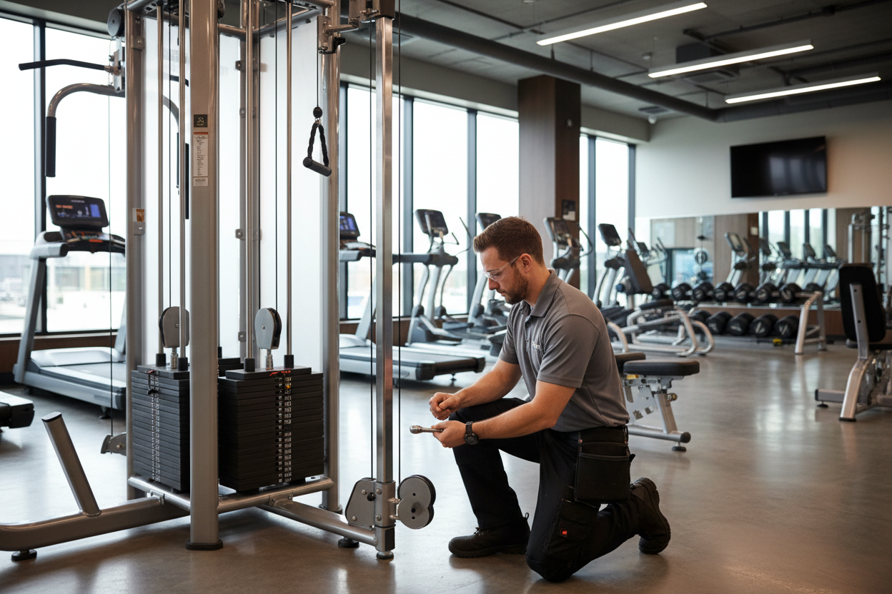 Genera una imagen de un técnico hombre, arreglando una maquina fitness en un gimnasio