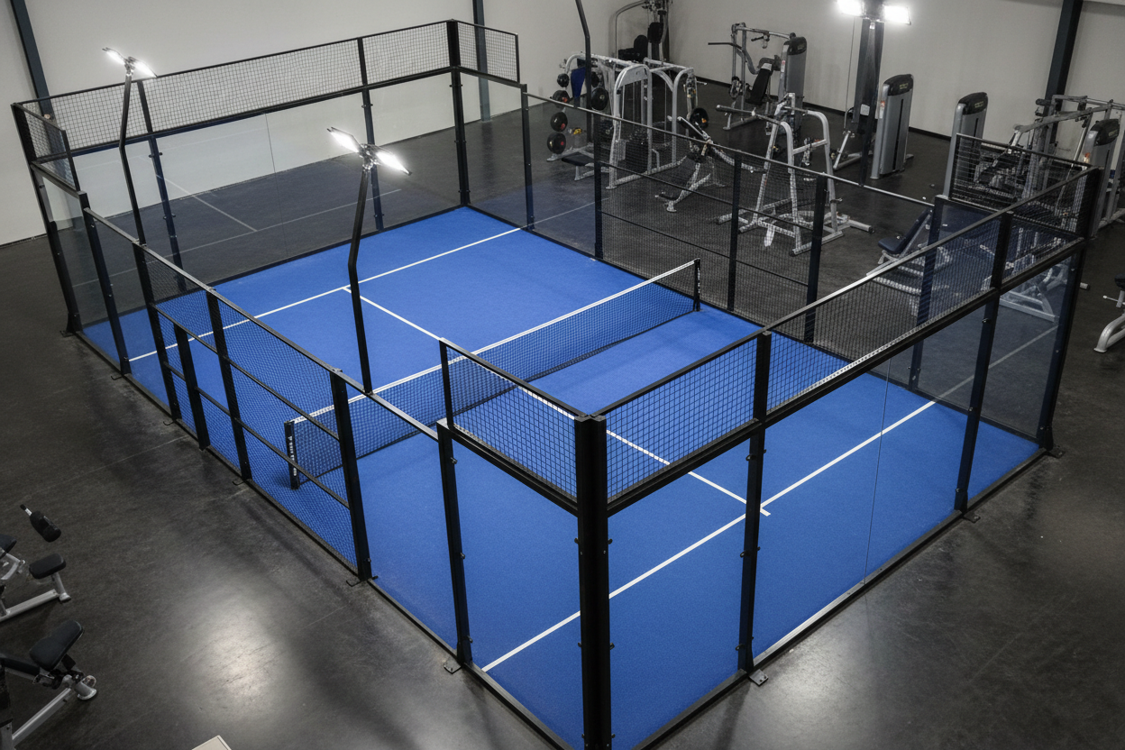 Una foto para venta de producto de pista de padel en web. Necesito una foto de pista de padel con suelo azul 