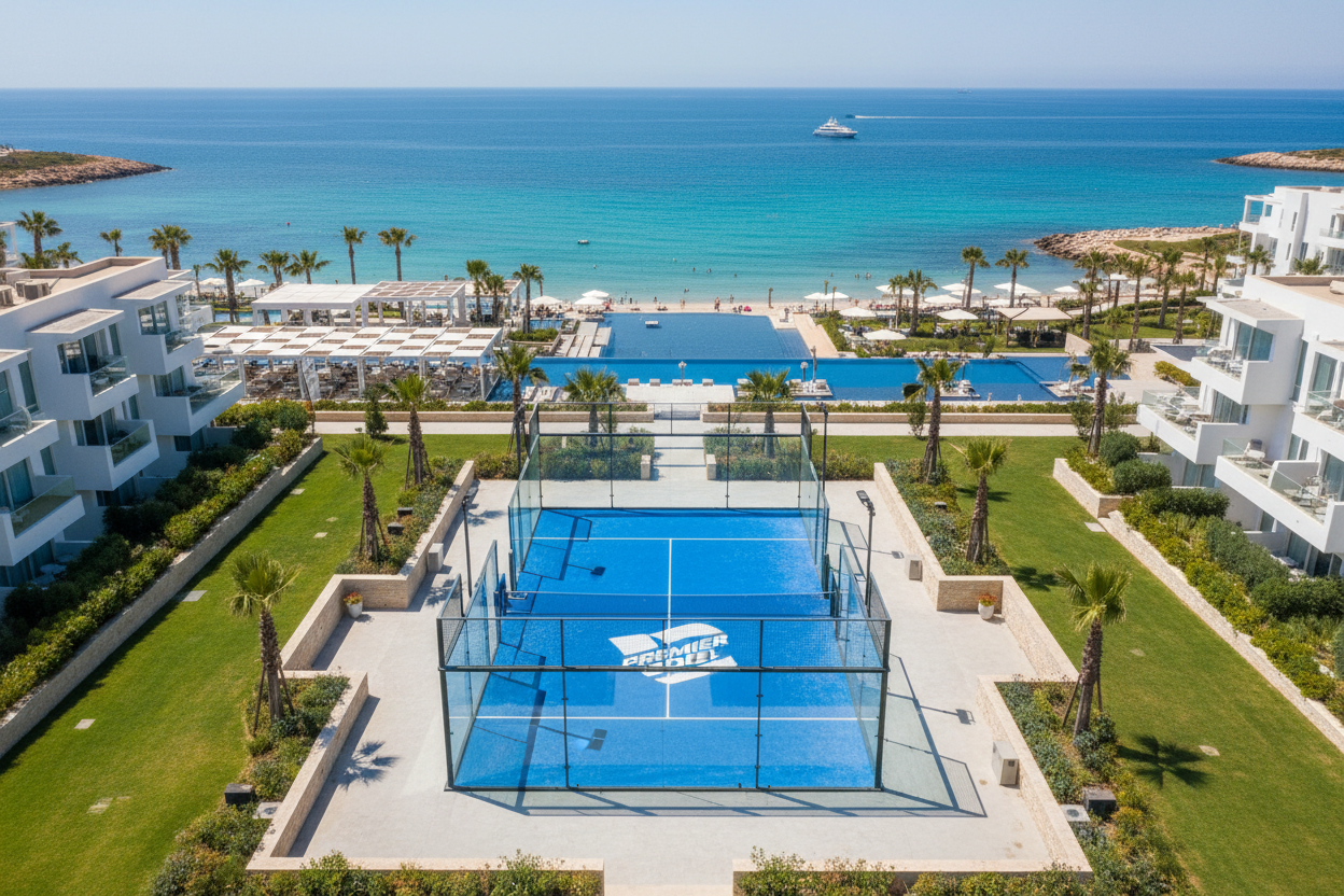 una pista de padel con el suelo azul vista de arriba con el fondo del mar en un recinto hotelero